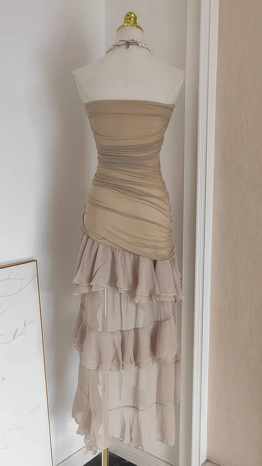 Nude Pleated Chiffon Midi Dress, Hi-Lo Party Dresses