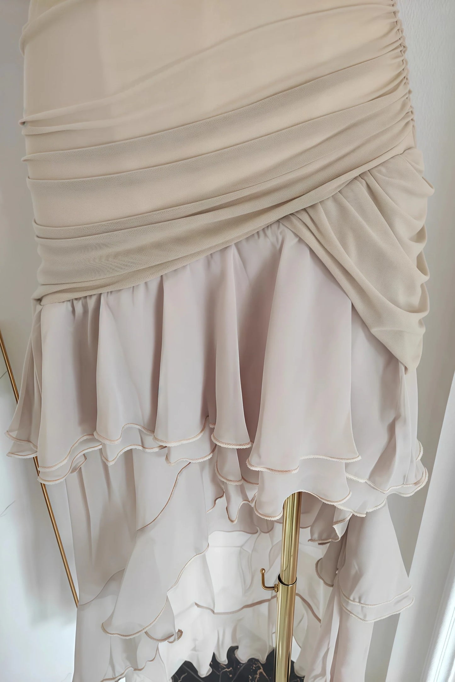 Nude Pleated Chiffon Midi Dress, Hi-Lo Party Dresses