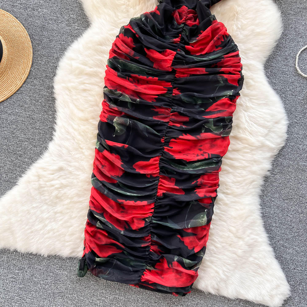 Sexy Spaghetti Straps Long Floral Red Dress Women Holiday Dress P236