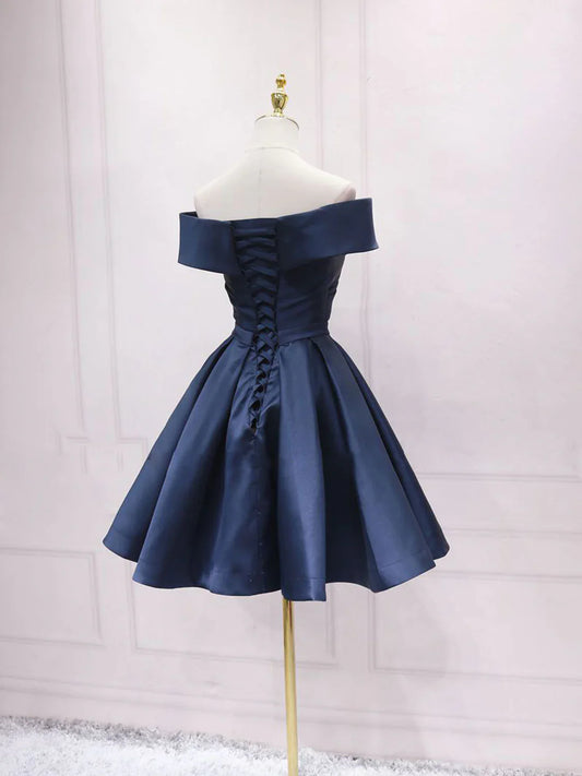 Retro Navy Blue Off-the-shoulder Design A-line Satin Party Dress Homecoming Dress TP4057