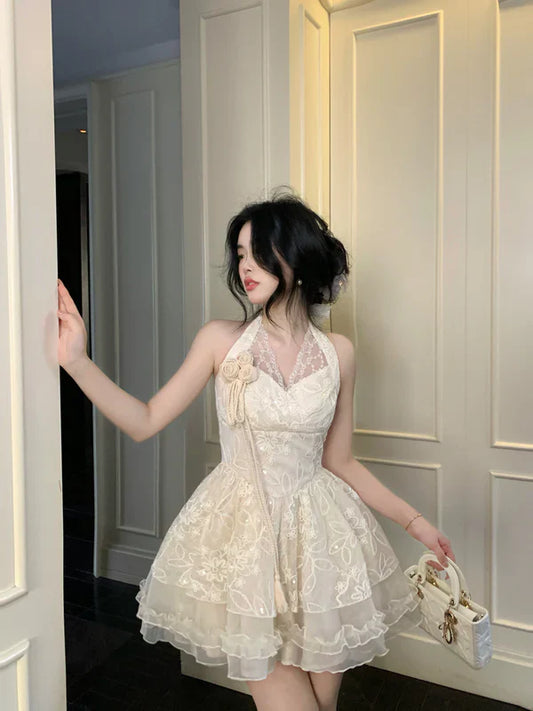 Vintage Ivory Lace A-Line Homecoming Dress Sequin Party Dress Short Halter-neck Cocktail Dress TP4630