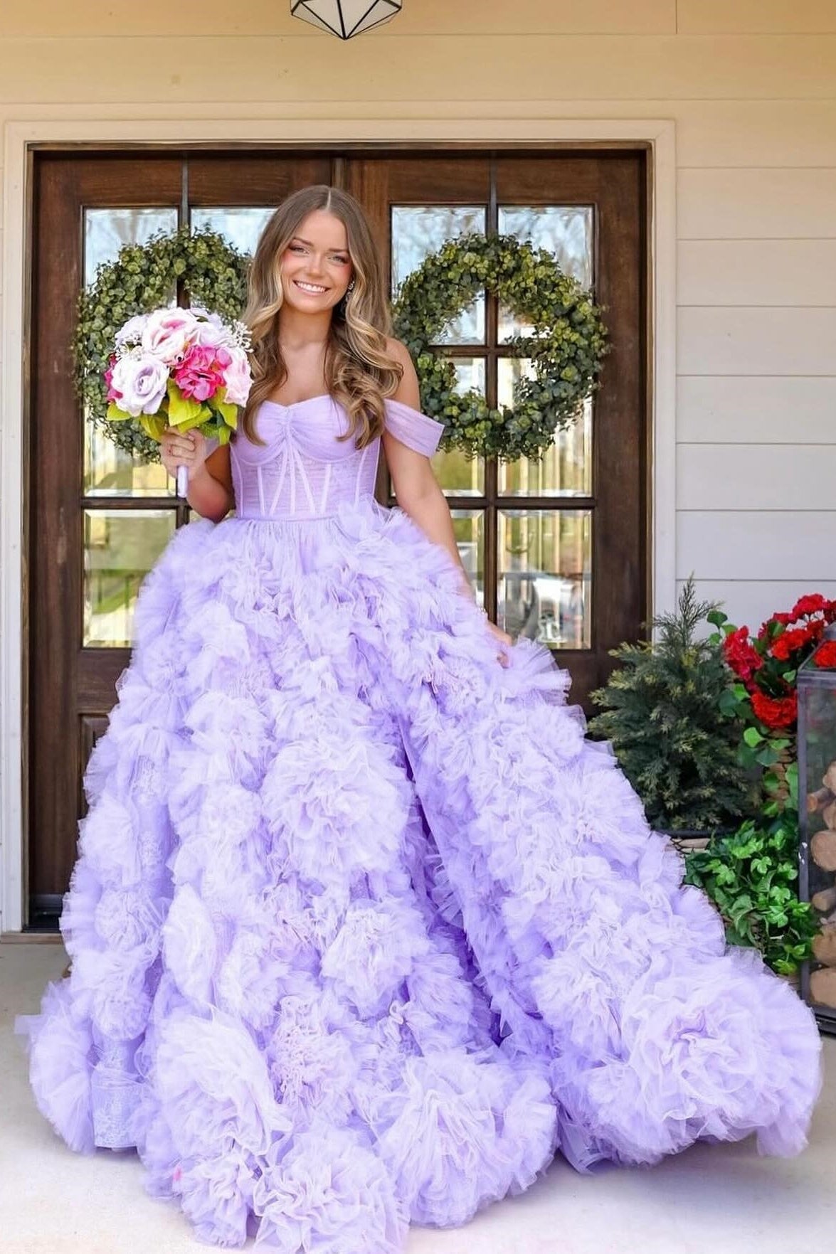 Off The Shoulder Lilac Tulle Prom Ball Gown