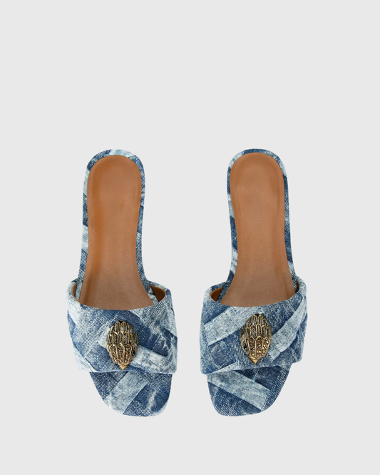 Owl Embellished Denim Slippers In Blue