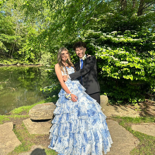 Vintage Blue Floral Prom Dress A-Line Tiered Evening Dress Long Formal Dress TP4649