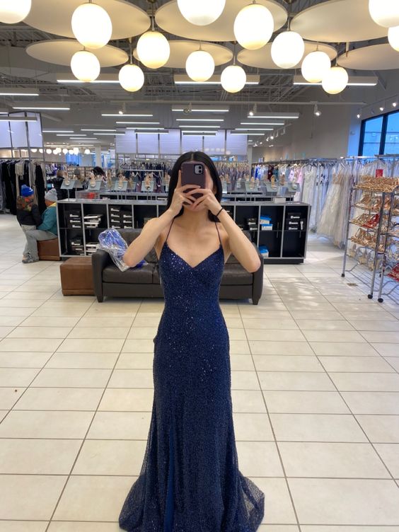 Elegant Mermaid Navy Blue Sequin Prom Dresses Formal Dress P1129