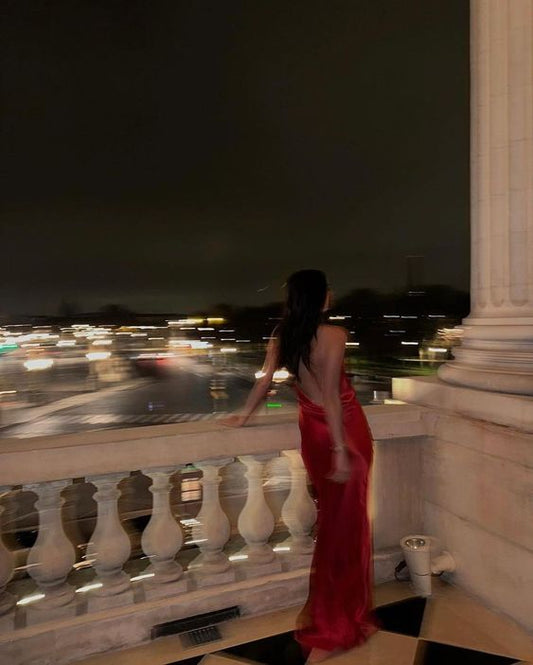 A line Spaghetti Straps Red Long Prom Dress With Slit P1501