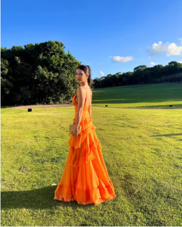 A Line Orange Long Prom Dresses V Neck Formal Dress Outfits P1899
