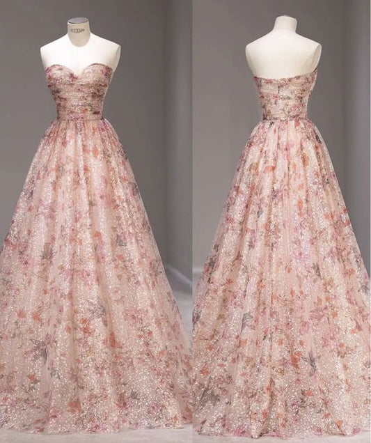 Fairy A line Strapless Pink Sequin Long Prom Dresses Evening Dress P1952