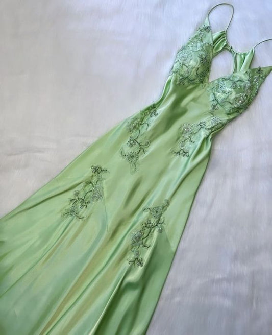 Sexy A Line Sage Green Satin Prom Dresses 21th Birthday Outfit P2107