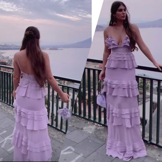 Elegant A line Long Lilac Chiffon Prom Dress 22th Birthday Outfits P2122