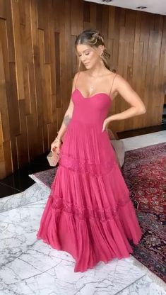 Elegant A line Long Tiered Hot Pink Lace Prom Dress 22th Birthday Outfits P2126