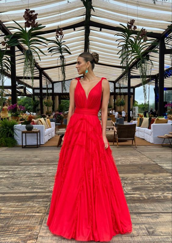 Elegant A line Long Red Prom Dress 22th Birthday Outfits P2128