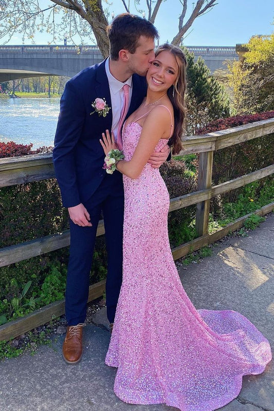 Elegant Mermaid Sequin Pink Long Prom Dresses Formal Dress P2227