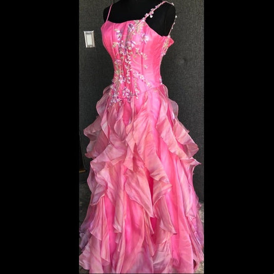 Chic Ball Gown Spaghetti Straps Pink Satin Evening Dress Long Prom Dresses With Embroidered P2361