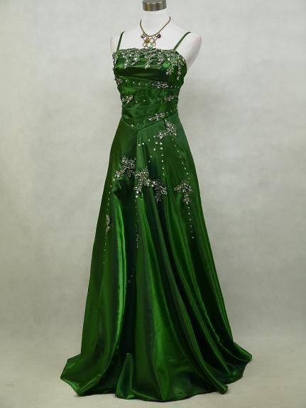Chic A line Spaghetti Straps Green Satin Evening Dress Long Prom Dresses P2365