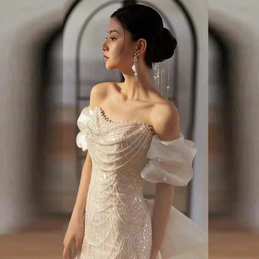 Sexy Mermaid Off The Shoulder Cap Sleeves Sequin Floor Length Pearls Prom Dresses P2398