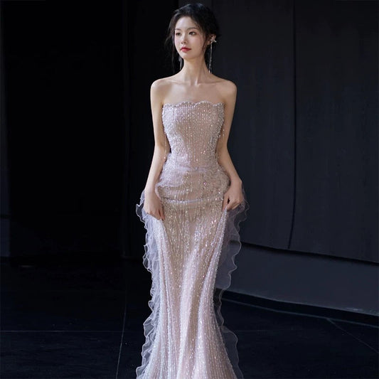 Sexy Mermaid Strapless Neckline Sequin Long Floor Length Pearls Prom Dresses P2403