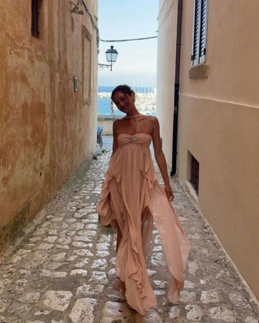 Sexy High Low Sweetheart Pink Chiffon Long Prom Dress Birthday Outfits With Ruffles P2439