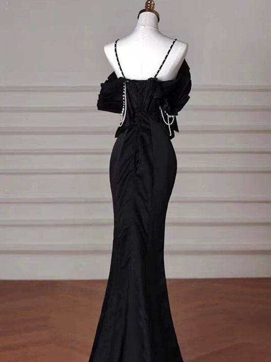Sexy Mermaid Spaghetti Straps Black Long Formal Dress Satin Prom Dress P2461