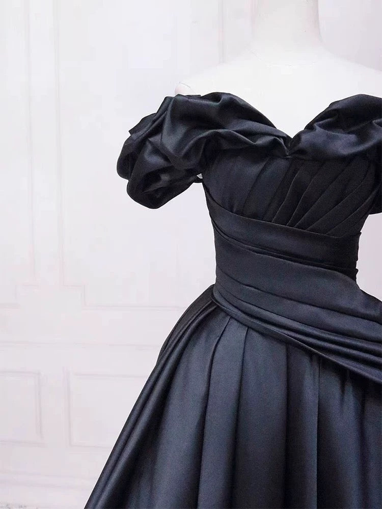 Pretty Ball Gown Off The Shoulder Black Satin Prom Dresses Evening Dress With Pleated P2462