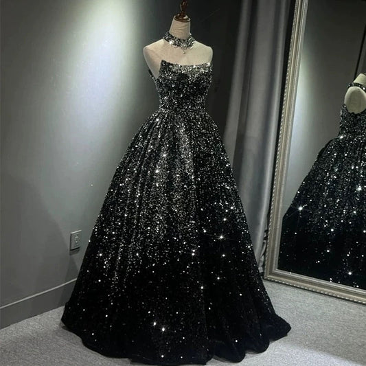 Pretty Ball Gown Strapless Black Sequin Prom Dresses Evening Dress P2463