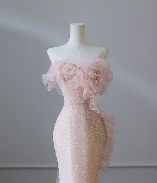 Elegant Pink Mermaid One Shoulder Beaded Prom Dress P2549
