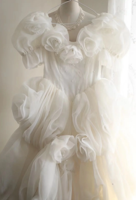 Princess Puff Sleeves Pleated Handmade Flower Tulle A-Line Wedding Dress P2819