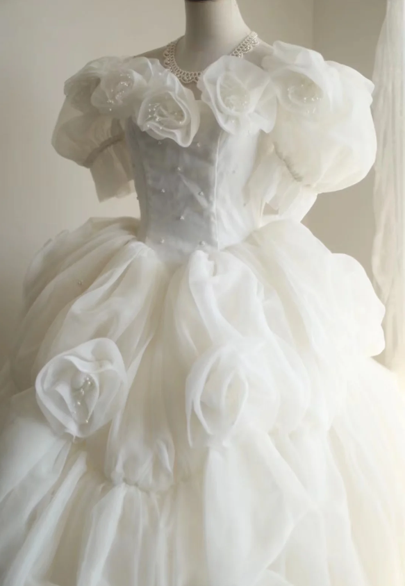 Princess Puff Sleeves Pleated Handmade Flower Tulle A-Line Wedding Dress P2819