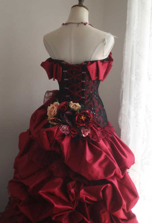 Retro warm red skirt puffy pleated handmade flower princess wedding dress P2838