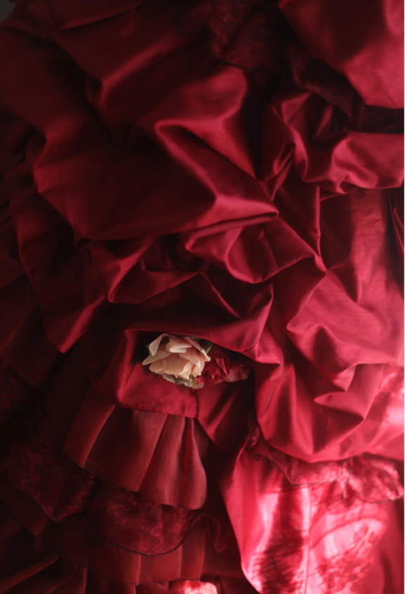 Retro warm red skirt puffy pleated handmade flower princess wedding dress P2838