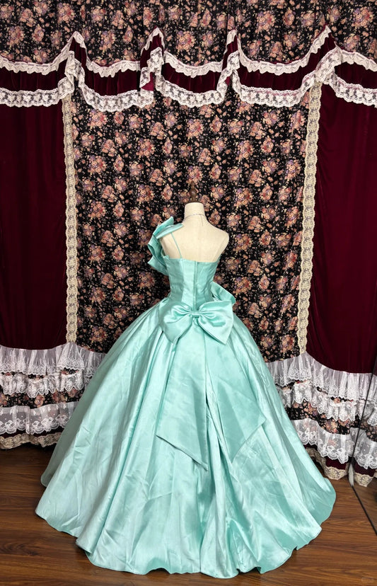 Beautiful mint green thick satin A-line wedding dress with big bow P2980