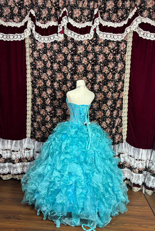 Beautiful aqua blue heart-shaped neckline rhinestone hem wedding dress P2986