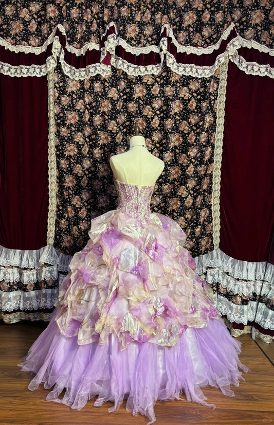 Dreamy Purple Flower Handle Heart-Shaped Neck Printed Tulle Floor-Length Wedding Dress P3031