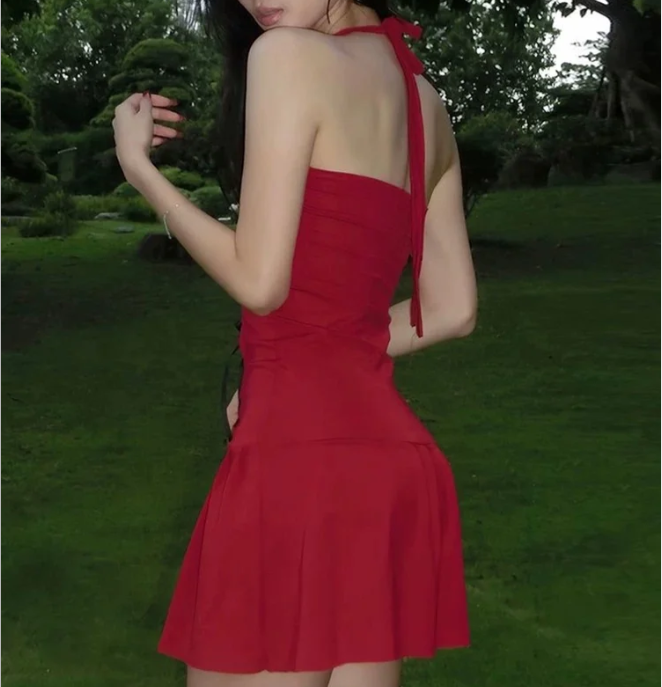 French style pure hollow design red halter neck mini homecoming dress P3115