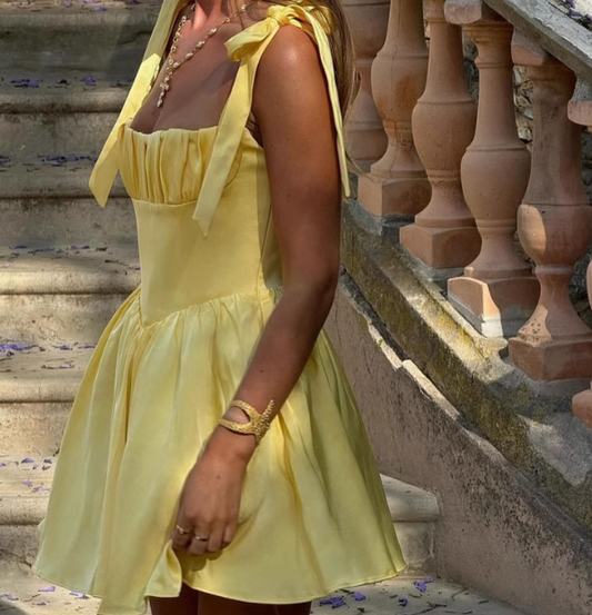 Holiday Style Bow Strap Yellow Mini Homecoming Dress P3196