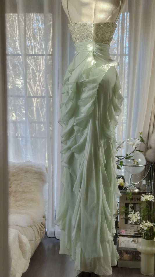 Elegant Clear Green Shoulder Strap Ruffled Beaded Chiffon Prom Dress P3307