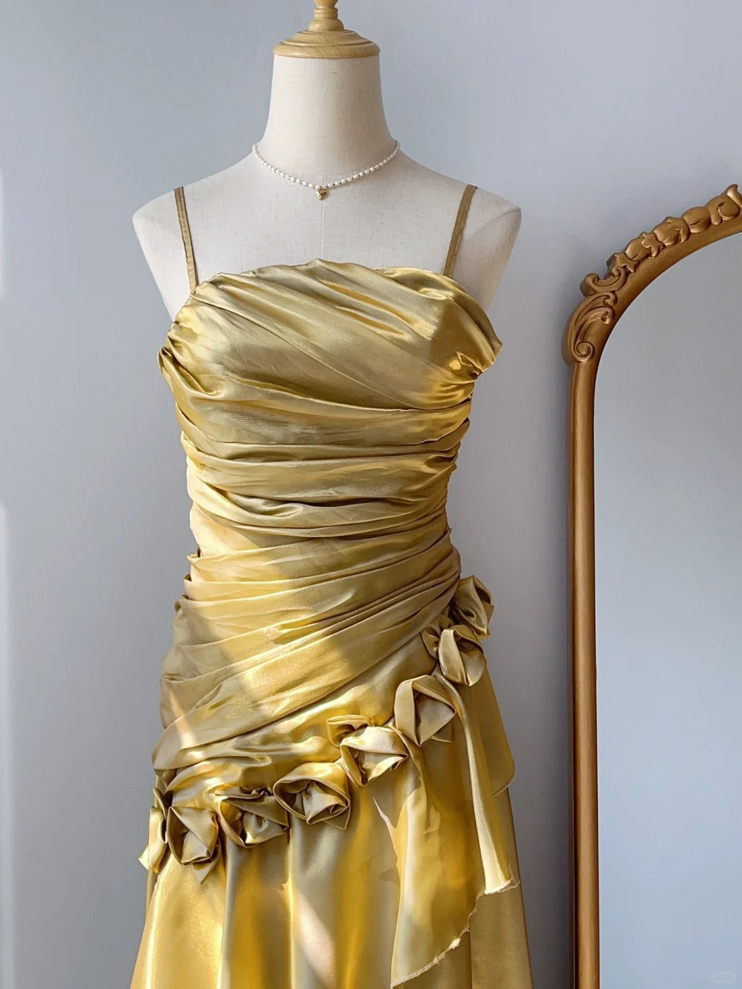 Elegant Yellow Strap Pleated 3D Flower Satin Long Prom Dress P3324