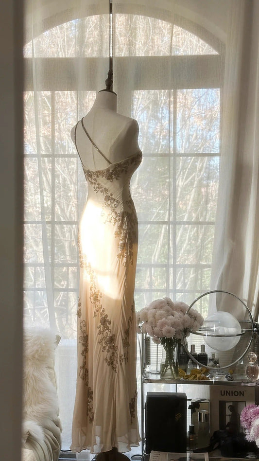 Elegant Champagne One Shoulder Beaded Chiffon Long Prom Dress P3337