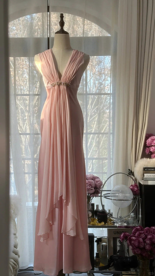 Elegant Pink Chiffon V-Neck Simple Long Prom Dress P3338