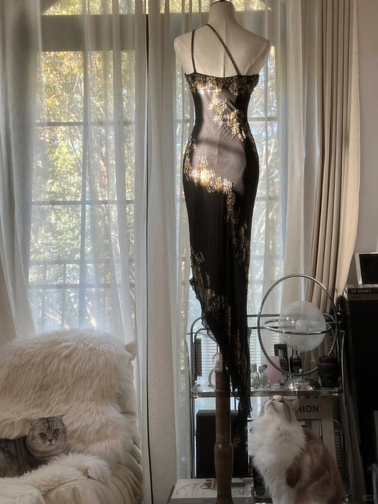 Elegant Black One Shoulder Chiffon Beaded Bias Skirt Mermaid Prom Dress P3345