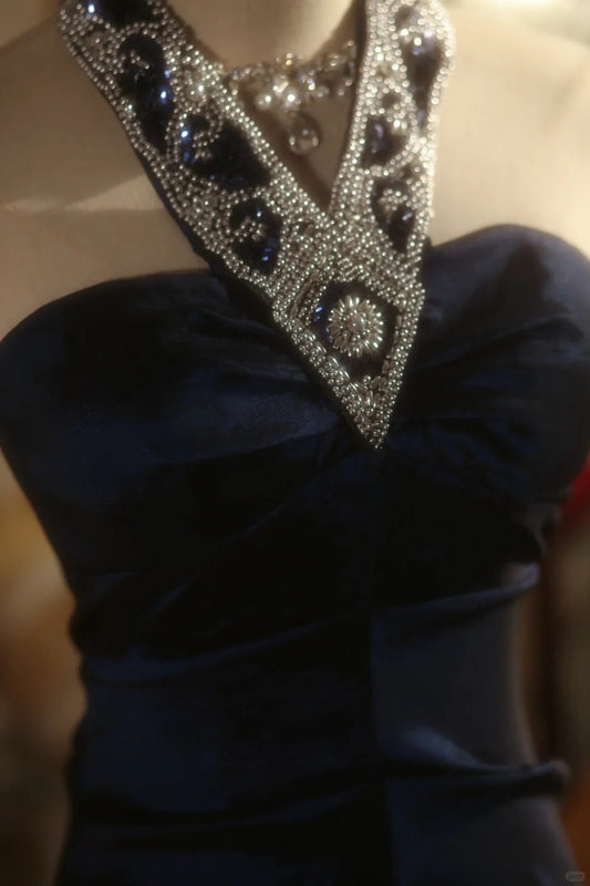 Elegant and Noble Navy Halter Beaded Mermaid Floor Length Prom Dress P3429