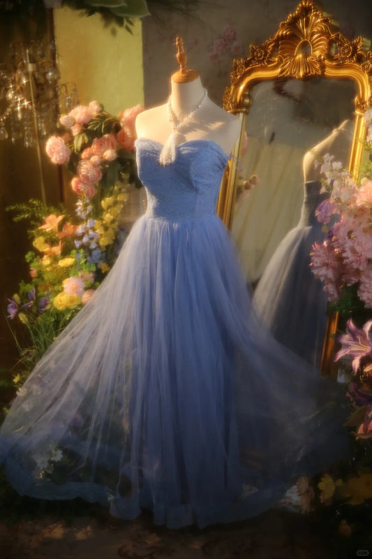 Elegant Blue Sweetheart Neckline Lace Patchwork A-line Floor-length Prom Dress P3432