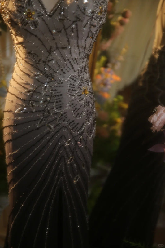 Elegant Gradient Gray Halter Neck Beaded Mermaid Prom Dress P3433