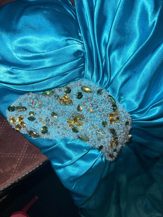 Elegant Blue Satin One Shoulder Beaded Slit Long Prom Dress P3447