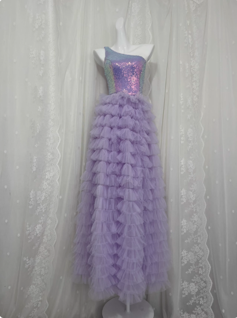 Elegant Purple One Shoulder Sequined Layered Tulle Long Prom Dress P3466