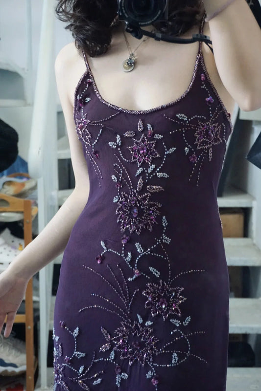 Elegant Purple U-neck Chiffon Beaded Spaghetti Strap Prom Dress P3493