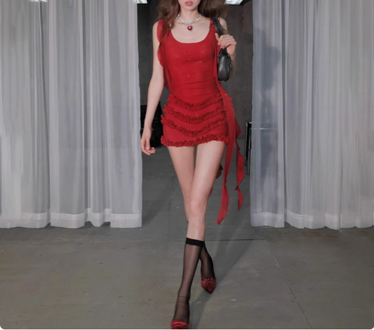 Sexy Glittering Ruffled Ribbon Sling Fungus Pleated Hip Wrap 17th Birthday Homecoming Dress P3548