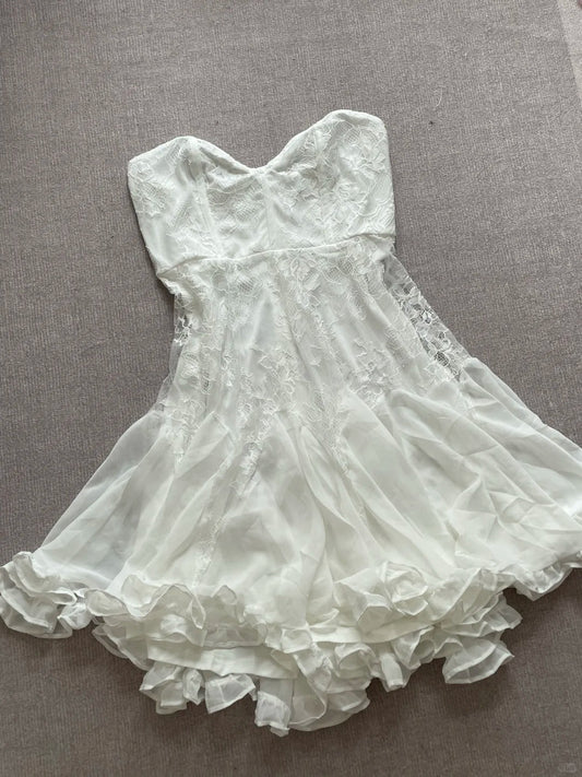 Elegant Tube Top White Lace Splicing Mesh A-line 17th Birthday Homecoming Dress P3725