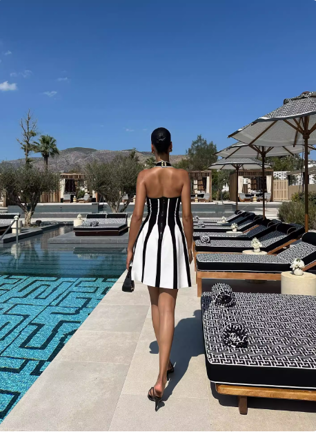 Sexy Low Cut Backless Halter Neck Striped Waist A-Line Homecoming Dress P3728