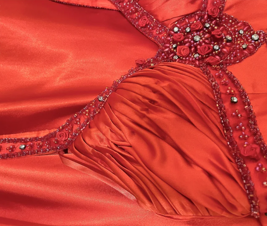 Elegant Red Rose Satin V-neck Beaded Long Prom Dress P3753